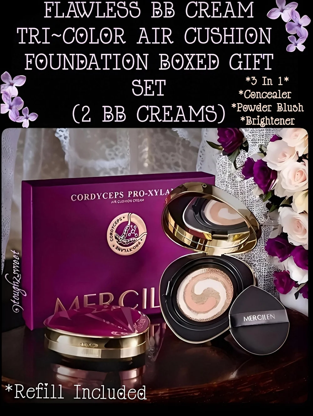 🆕FLAWLESS BB CREAM TRI~COLOR AIR CUSHION FOUNDATION WITH SPONGE (2 BB CREAMS)